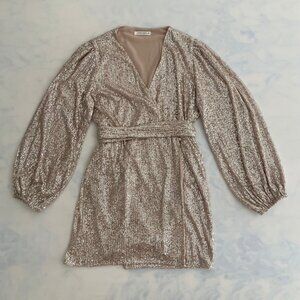12th Tribe Silver Sparkly Sequin Wrap Tie Long Sleeve Dress